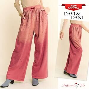 Davi & Dani Sparkling Rhinestone Pockets Drawstring Wide Leg Pants | Deep Rose